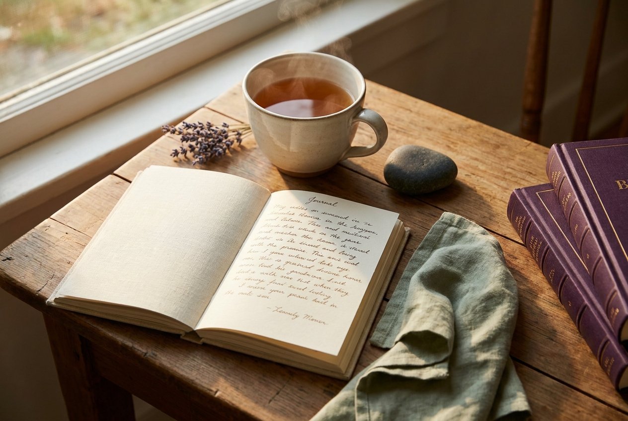 A quiet morning table with journal, tea, and lavender — the reflective space The Midlife Atlas was built from
