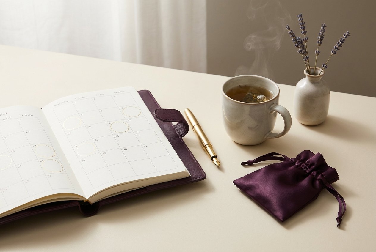 A morning planner with dates gently circled, tea, and lavender — noticing the first signs of perimenopause
