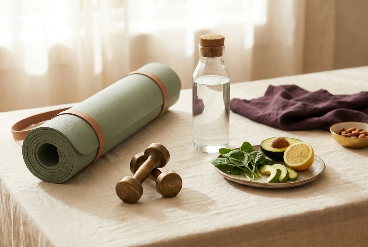 A rolled yoga mat, hand weights, and fresh greens — gentle strength and nourishment for a changing body